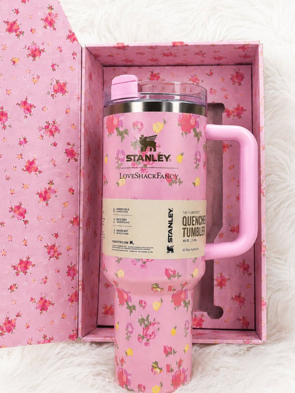 Stanley x LoveShackFancy 40oz Quencher H2.0 Floral Pink Tumbler Gift Set NWT